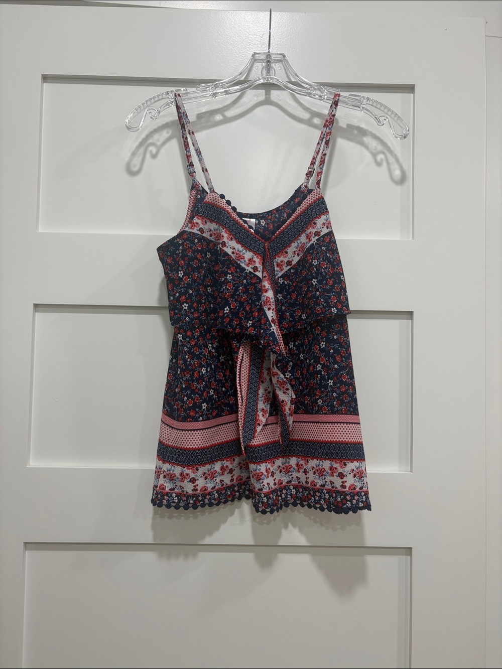 No Boundaries Navy and Red Floral Tie-Front Cami Top
